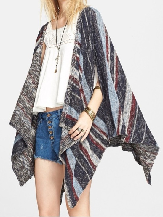 Free People Sweaters - Free People Striped Open Front Poncho in Navy, Light Blue & Burgundy